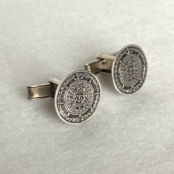 VTG Taxco Mexico Sterling Silver 925 Alpaca Aztec Mayan Calendar CuffLinks - Picture 2 of 16